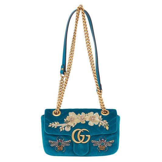 Bolsa Gucci Marmont Veludo Turquesa Bordada