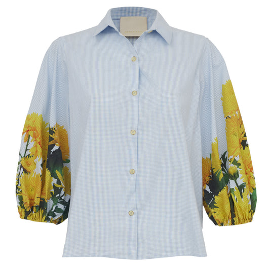 ⁠Camisa Paula Raia Azul Mangas Floridas Tam. 36 Br