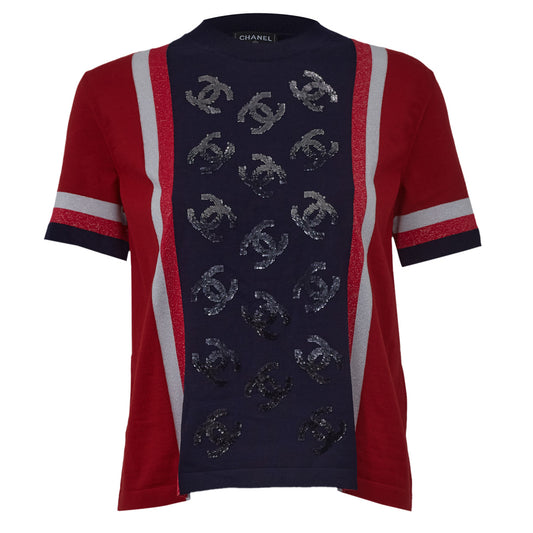 Camiseta Chanel Vermelha e Azul com Paetê Tam. 40 Br