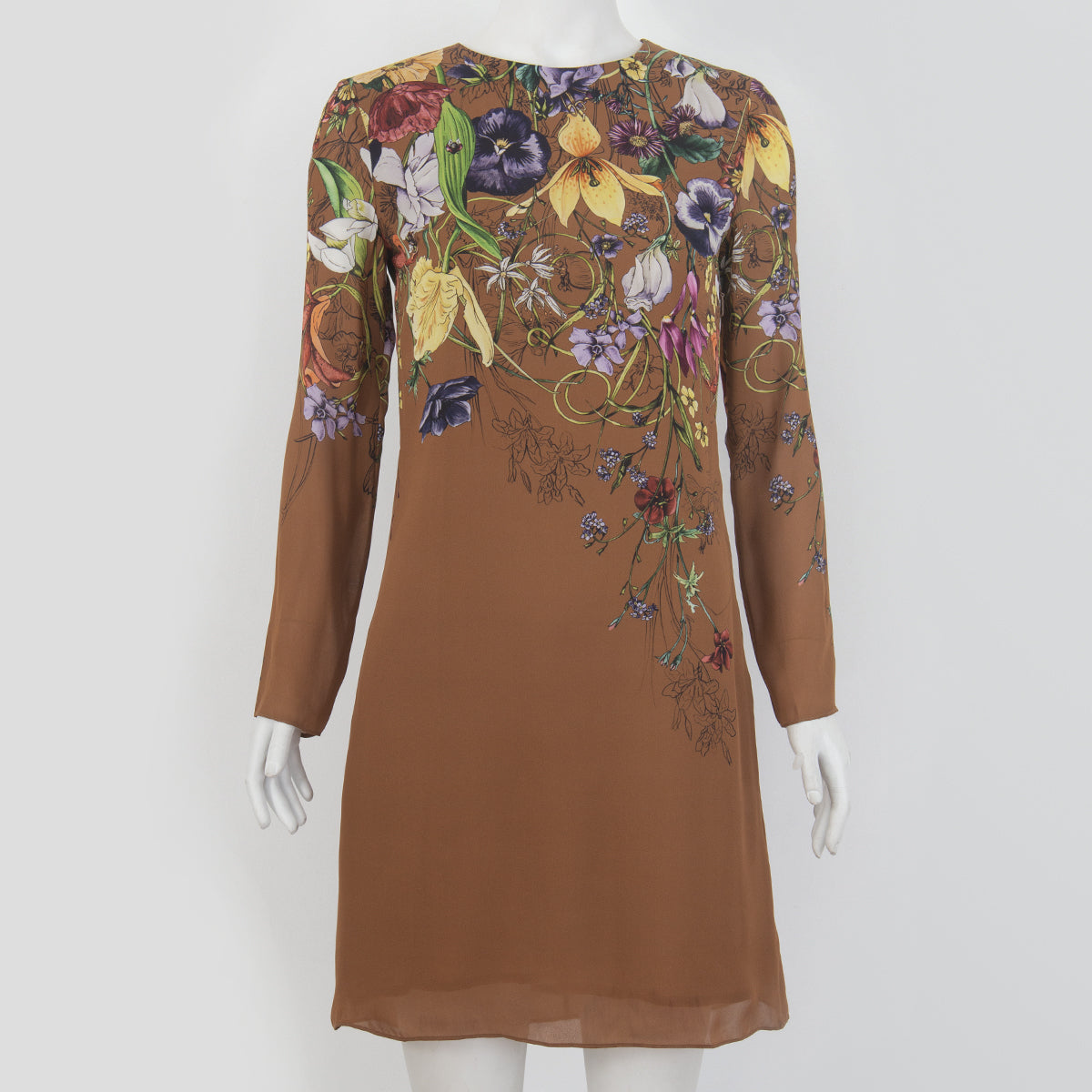 Vestido Gucci Marrom Estampa de Flores Tam. 36 Br