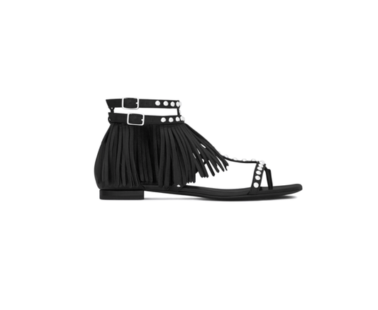 Rasteira Saint Laurent preta com tachinhas e franjas, sola 37,5